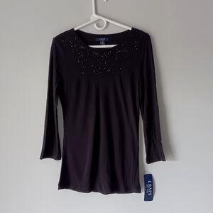 New Chaps Blouse Embellished Long-Sleeve T-Shirt Top Beads Sequins Black Medium